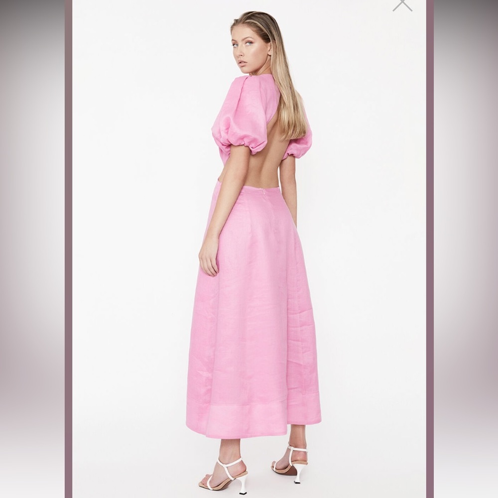 Pink Linen Puff Sleeve Bardot Malina dress open back